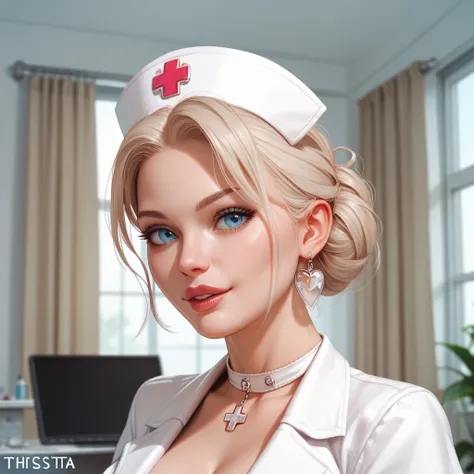 Al, please draw a beautiful female cat human nurse, name it: S.7.1 and dhesita in front of it