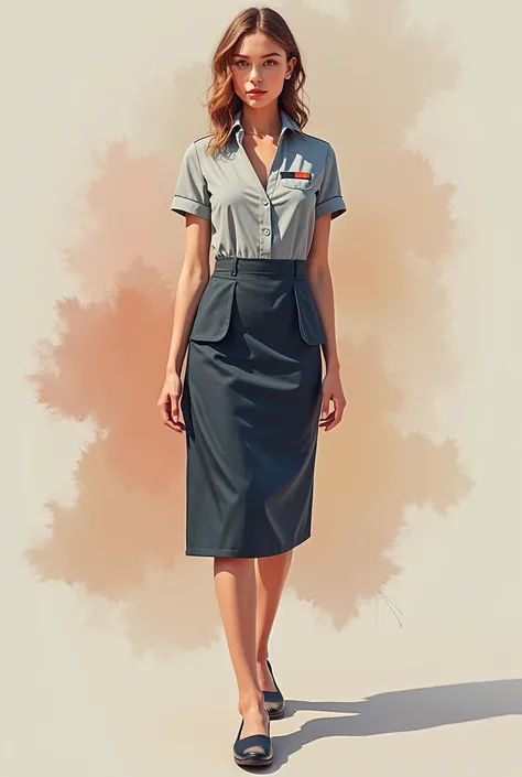  short sleeve flight attendant uniform for women 、V-neck、Collarless 、 grey、 with dark grey details 、element color、 simple、Minimal、 slightly fashionable 、 runner style 、 slightly colorful 、whole body、 shirt and skirt are separate 々in、同じコレクションからのものin、水彩と木の色を...