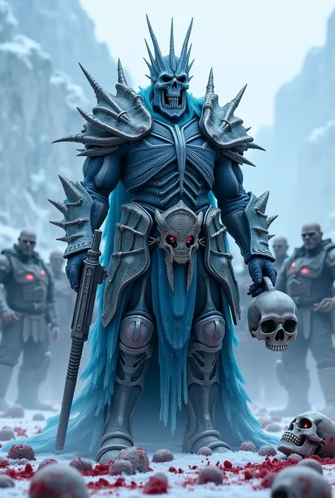  Create a picture of the Lich King from World of Warcraft in the Ice Crown area.  Behind him is an army of undead zombies . In one hand he holds a skull ,  in the other hand an AR-15 rifle .  He is wearing a face mask made of bones made of ice .  There are...