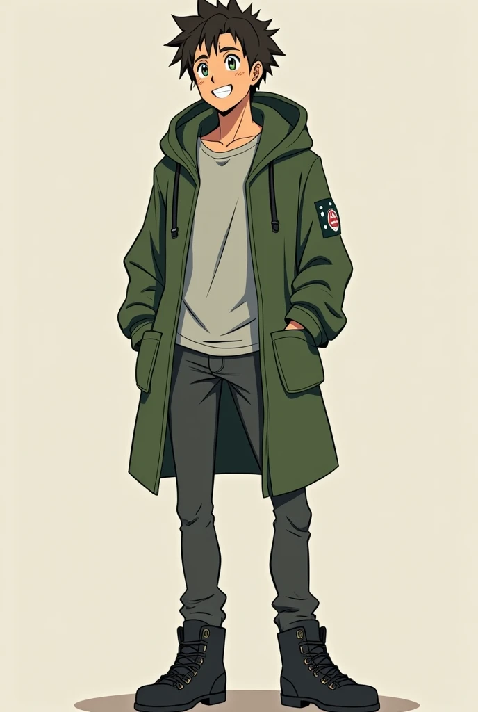 BOKU NO HERO FEATURES /MY HERO ACADEMY Um homem alto, slender, strong, masculine, adult.  tanned skin ,  gray eyes bright smokes , short messy dark caramel hair with blonde locks.  Naughty smile on the face and light blush on the face . light gray t-shirt,...