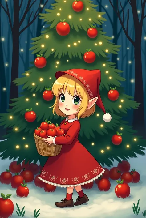 cartoon girl in red dress holding a basket of apples in front of a christmas tree, an anime drawing inspired by Leiko Ikemura, deviantart contest winner, naive art, loli, with a tree in the background, an elf, elf girl, in an anime style, in a candy forest...