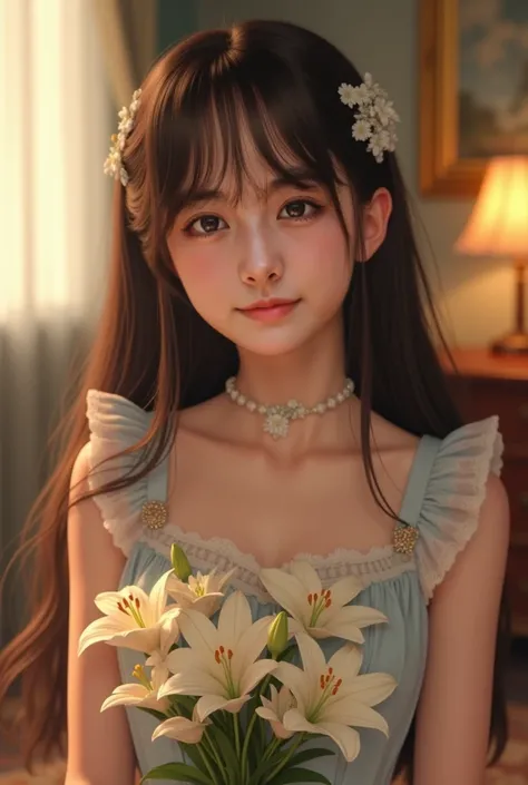 A pretty teen girl, lovely, realistic, cheerful, smile, pale white skin, silk smooth dark brown hair, long hair, wearing a princess lolita dress, sweet pastel colors, holding Lilly flowers, high quality, ultra-detailed, masterpiece, cinematic lighting, vib...