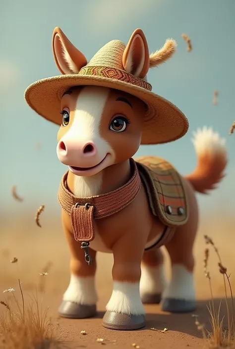 Peut tu me faire une image humoristique avec un poney souriant qui porte sur son dos un chien de chasse avec le museau marron et le corps blanc et marron et un chapeau de paille avec écrit sissi et fanfan dessus