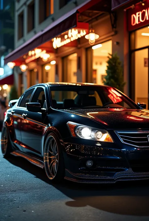 Honda accord 2012, decorated in a luxurious VIP style, parked in front of a restaurant at night.