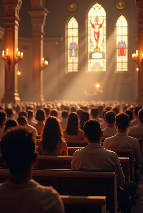 EVANGELICAL CHURCH WITH MANY PEOPLE IN CHAIRS WATCHING THE SERVICE