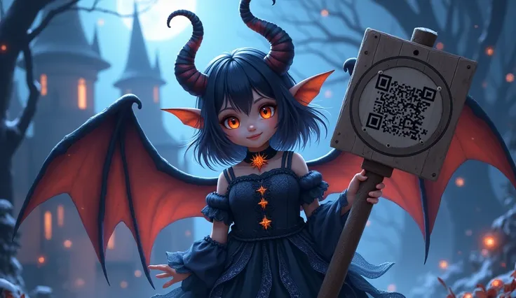 New Years theme .  1girl(devil,Cute, (chibi:0.5),  large eyes  ,   orange eyes  ,horn,  dark hair ,  thin hair ,Cute hair style,  gothic dress  ,beautiful dress,breast,   black bat wings  ,   sparkling blue scales  ,  big evil sign  ,Cute smile,   holds a ...