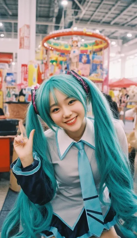  A 20-year-old woman is smiling and having fun cosplaying as Hatsune Miku　 has a double piece