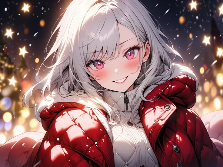 a woman, beautiful、Silver long hair, beauty、swept bangs、Crimson Eyes、slant eyes、Wide Eyes、 whole body、a woman gazing at illuminations, The woman is wearing warm coats, blush, smug, admire the brilliance of the lights, The background features sparkling ligh...