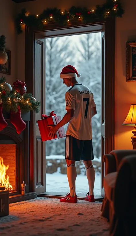 (photorealim:1.2),day time Christmas theme and furnace house Ronaldo standing inside in house and picking gift from her house door, Ronaldo in real Madrid jersey number 7 with Christmas cap