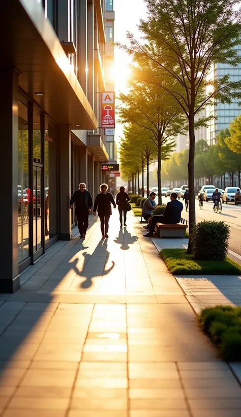 A detailed view of a city sidewalk in the afternoon. The scene captures the warm golden sunlight streaming through the gaps between tall modern buildings, casting long shadows on the pavement. The sidewalk is made of clean, light-colored tiles, with small ...