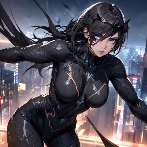 "A highly detailed digital art of a girl wearing a sleek, (black Venom-inspired suit), The suit is textured with glossy, alien-like symbiote entire body like a second skin. Her face is partially revealed with intense eyes, while the symbiote forms sharp, o...