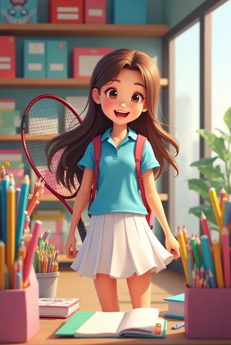 Generate an image of Ceci .  A girl who plays tennis ,  buying supplies in the stationery getting ready for the return of classes 