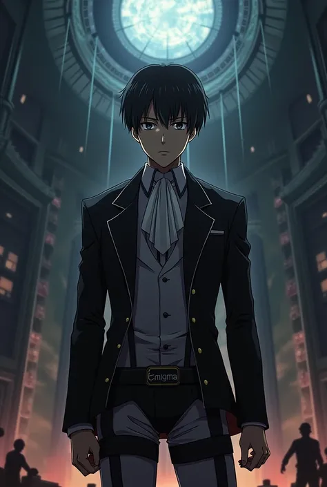  Anime-style image of 1024x576 pixels  (1. 1 Levi Ackerman character from the anime life of the titans stands looking at teblika , which says Enigma  .)