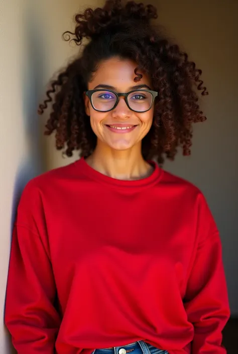 Image for a tanned girl wearing a red sweatshirt she have curly hair ,her hair in a low bun and shes wearing jeans and she have round glasses on 