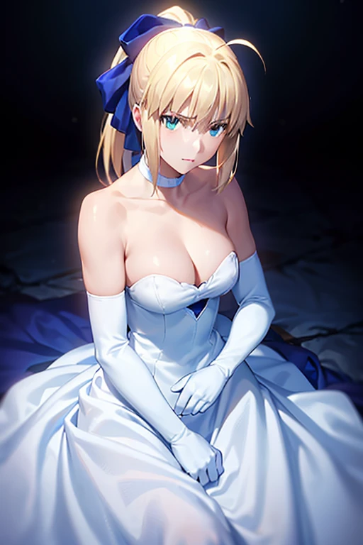 best quality, masterpiece,phSaber, phAltoria, 1girl, gloves, elbow gloves, choker, white dress, official alternate costume, breasts, collarbone, ponytail, white gloves, cleavage, strapless dress, bow, bare shoulders, short hair, parody, blue choker, hair b...