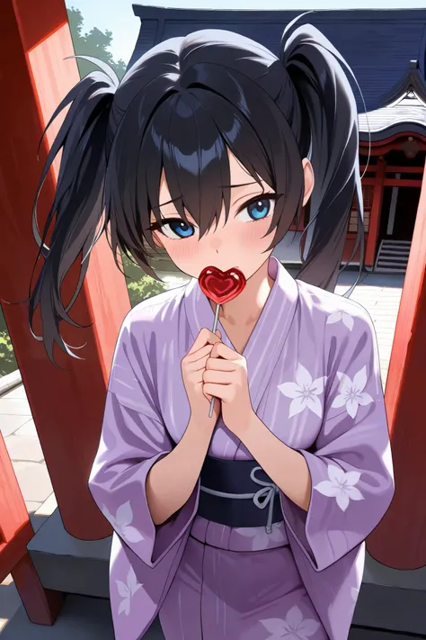  Maximum resolution ,  very detailed ,  best quality,precise,  masterpieces , Solo,1 woman, black hair,I have twintails., hair gradient orange, blue eyes, black-eyed widow , shy faces, pink yukata dress , Japanese shrine ,Candy candy,Dark Morning , labyrin...