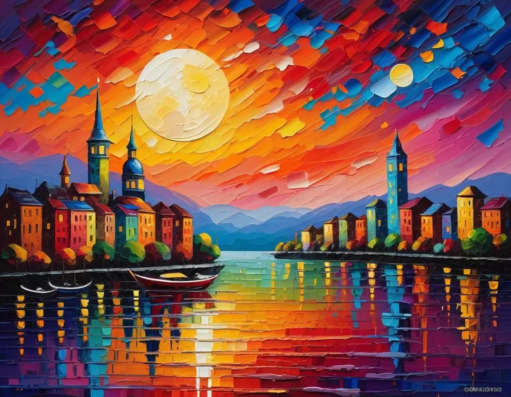 Best quality, high resolution, best composition, impasto oil painting, surrealism, high quality oil painting, palette knife painting, colorful and detailed, vibrant abstract landscape, vibrant scenery, fantasy landscape art, sun setting over city skyline a...