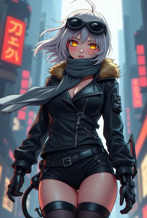 2D, score_9, score_8_up, score_7_up, BREAK, 1girl, solo,sdV, Grey Hair, Yellow Eyes, Robot, Visor, Tail, Black Jacket, Fur Trim, Thighhighs, Red scarf