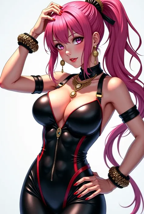 Ultra detailed anime art Latex costume young Japanese woman Pink hair High definition ponytail flashy earrings flashy necklace flashy bracelets Erotic