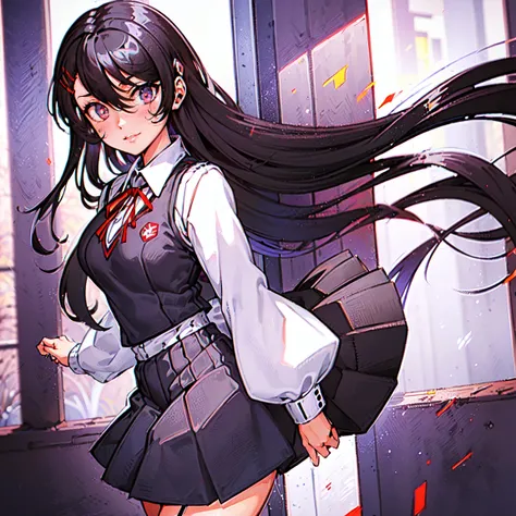 (perfect eyes, masterpiece, best quality:1.2), 1girl, solo, alone, red eyes, black hair, long hair, adult face, fearless face, adult, school uniform, Sweater vest, (((gray outer and white tight sleeves, long sleeves))), collared shirt, short gray skirt, ne...