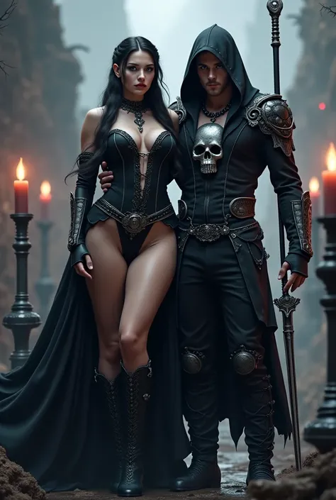 Woman hugging man  . Black hair .  long hair with a braid , black gothic costume with silver ornaments ,high forehead,  blue eyes, 27 year old , high boots.  big boobs. big beautiful legs. Next to a woman tall man with a hooded skull .  black jacket with s...