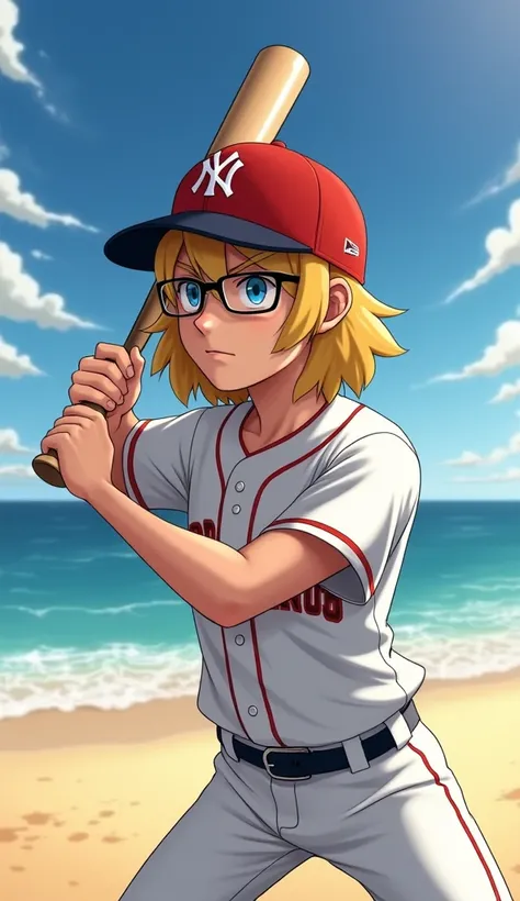  CREATE AN IMAGE OF A BLOND BASEBALL PLAYER WITH LONG HAIR WEARING GLASSES,  WEARING A RED YANKEES CAP WITH BLACK BRIM , HES PLAYING BASEBALL ON A BEACH  