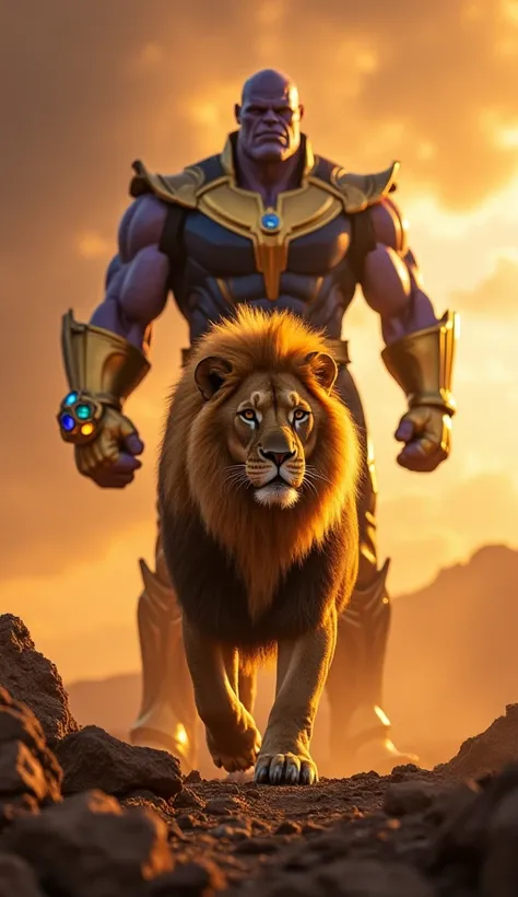 "A majestic lion with a glowing golden mane stands fearlessly in front of a tall, armored figure resembling Thanos. The scene is set on a desolate battlefield with a fiery, apocalyptic sky in the background. The lion exudes power and grace, while the figur...