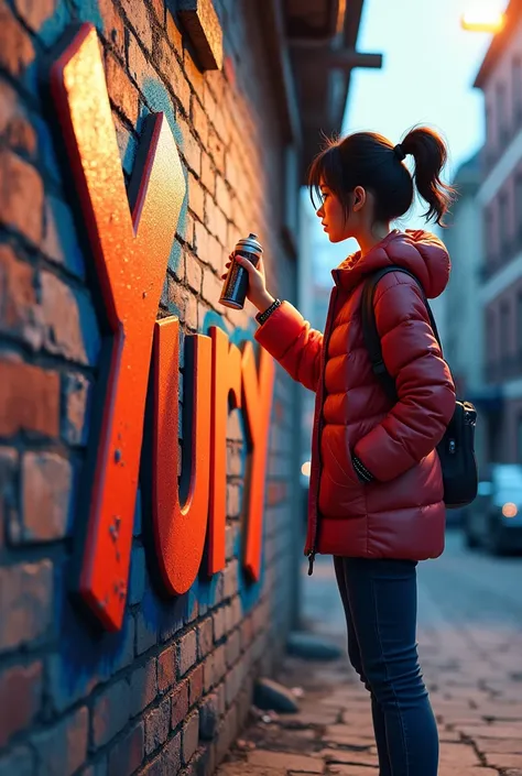 Charming 3D illustration featuring a beautiful Asian woman in urban attire, skillfully painting graffiti on a textured and dilapidated brick wall. He confidently holds a can of spray paint, creating the bold, brightly colored words “Yury” written in three-...