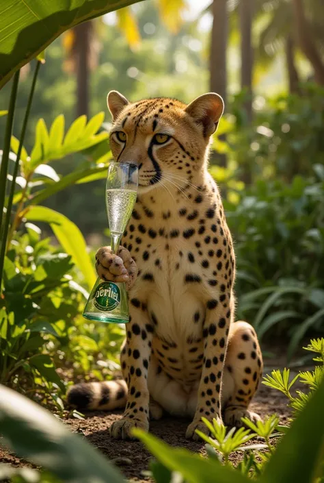 Guepard drinking a cold fresh perrier in new caledonia, details, photorealistic