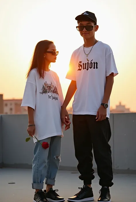 A boy  wearing a mad black pant and Sujon written on the  white t shirt and black nike air jordans and a rolex watch in hand with black sunglass and wearing a black cap standing on rooftop with sun shine with a girl and she is wearing a blue jeans and Sadi...