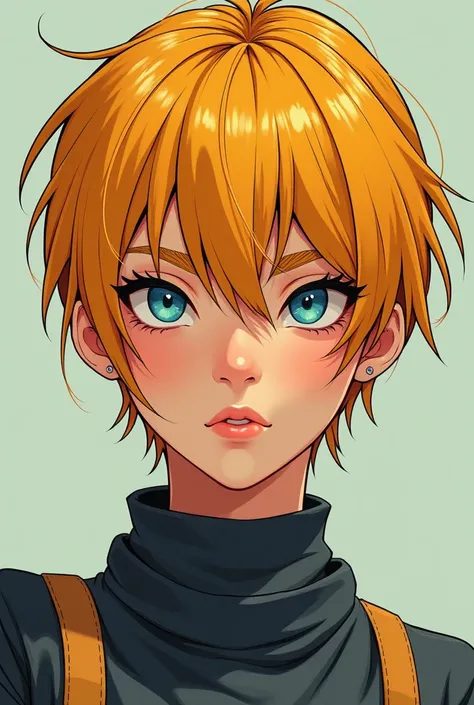 Manhwa version 19 year old girl, Tomboy, flat expression, Pixie cut yellowish orange straight, tanned skin, curly eyelashes, jawline, sharp nose, blue eyes.