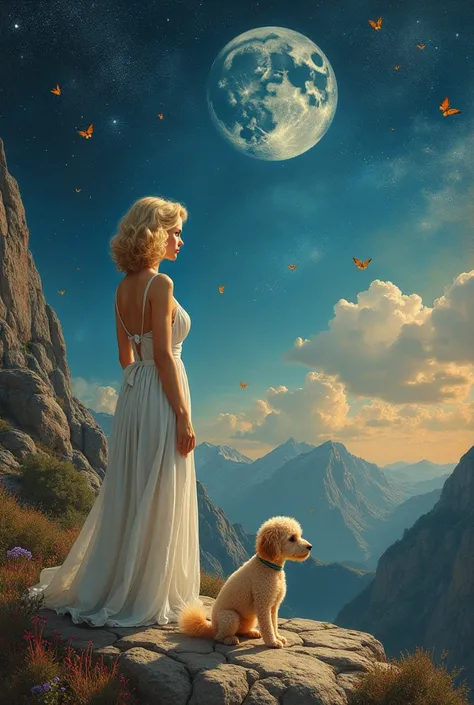  you can see ,  standing with her back , looks into the distance,  . You cant see her face and she has blond hair up to her shoulders. against the background of her cosmos , , there is a themis , Books are lying,  in the sky the constellation of Capricorn ...