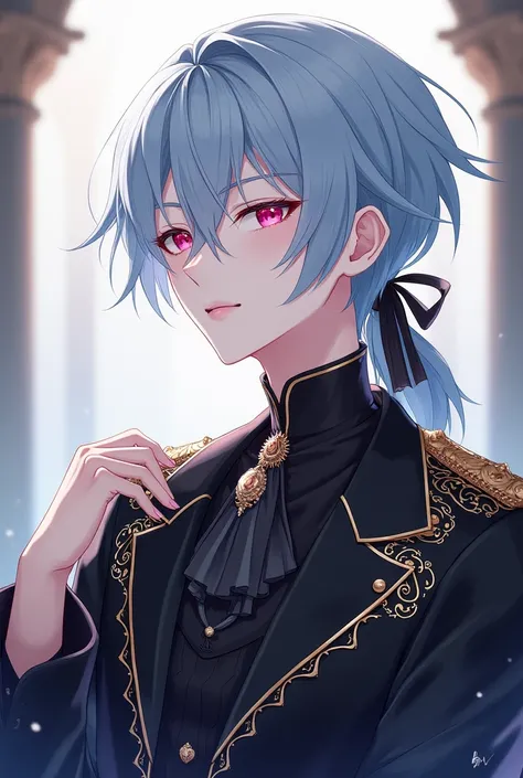 A quiet and luxurious anime guy with sharp pink eyes represents light blue hair tied with a black ribbon ,Fair skin and wearing all the fancy and elegant black fantasy clothes such as noble school clothes are luxurious
