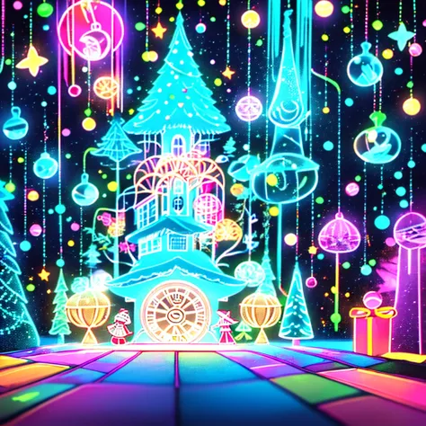  1 girl,Chibi、 fantasy、 cute世界、Trump、 Alice in Wonderland、clock、  best details、 cute、  neon color gradient hair color、  Snowflake  、 fantasy、  absurd、 neon lights enhance the  cuteness、世界一 cute絵、  Christmas light 、  fantasy、 Alice in Wonderland、