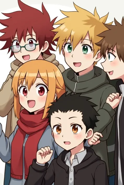 From the first pic can you add glasses to the red haired and brown haired one? Remove all the others and add a smiling guy with blonde hair, a girl with a red scarf and Levi who has black hair with an undercut fade