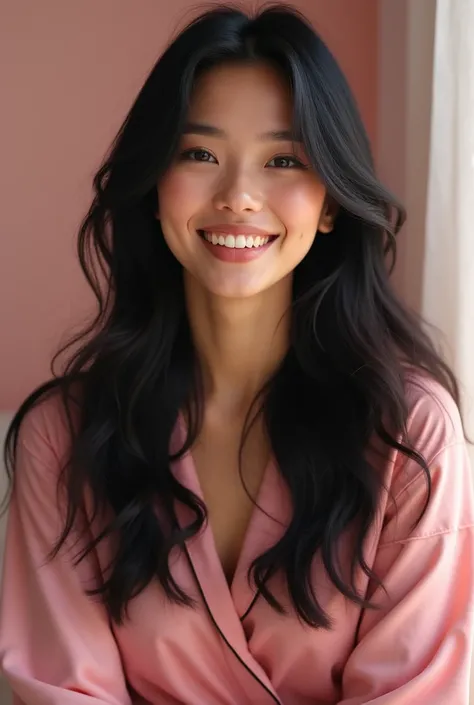  black hair long hair　Picture of a smiling face in pink loungewear