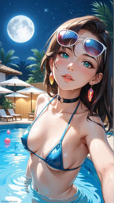  Ultra-high image  (16k)  with rich contrast and hyper-realistic textures .  Woman in a pool at night ,  seen from above,  with a face in the foreground and slightly inclined posture ,  as if he were taking a selfie .  Your face expresses shyness ,  with s...