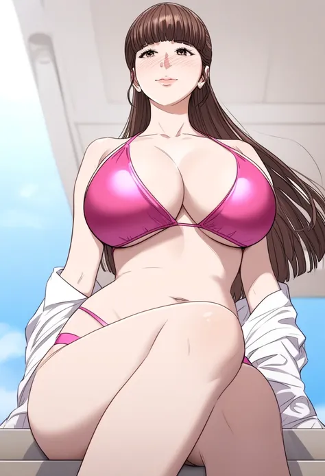 score_9, score_8_up, score_7_up, score_6_up,source_anime,masterpiece, best quality,1girl,teen female,milf,sagawa, huge breasts,brown hair, long hair, blunt bangs, brown eyes,half updo, pink bikini, solo, alleyway background, nose blush, from below, navel, ...