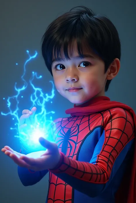 I want you to generate an image of a white boy with straight dark brown hair ,  almost black brown eyes light skin wearing a red Spider-Man outfit with blue power in his hand