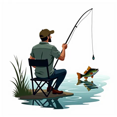  2d vector illustration, tshirt design for fishing, fisherman sitting on small fishing chair looking at camera back to the lake, behind him fish jump out of the water (best quality, masterpiece: 1.3), white background