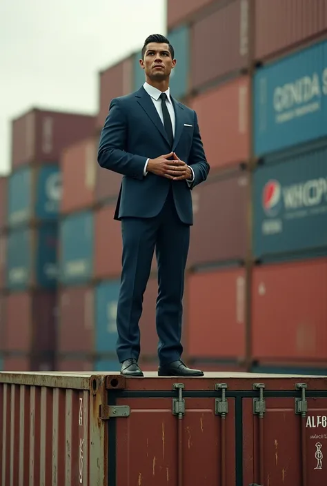 Create a realistic photo of cristiano ronaldo addressing on a container in 9:16 ratio