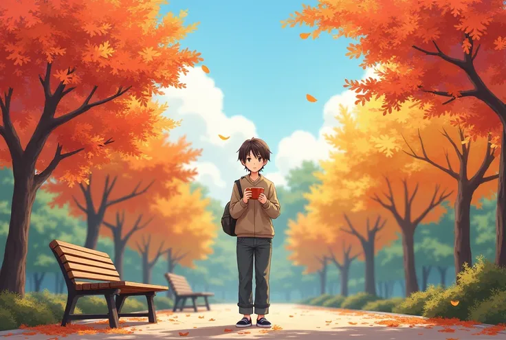 A realistic photo of a Japanese person, standing in a serene park during autumn, surrounded by vividly colored leaves in red, orange, and yellow. The person is casually dressed, smiling gently, and holding a warm drink in a ceramic cup. The background incl...