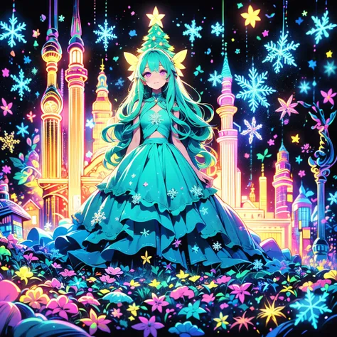  1 girl,Chibi、 fantasy、 cute世界、Trump、 Alice in Wonderland、clock、  best details、 cute、  neon color gradient hair color、   Snowflake  、 fantasy、  absurd、 neon lights enhance the  cuteness、世界一 cute絵、  Christmas light 、  fantasy、 Alice in Wonderland、