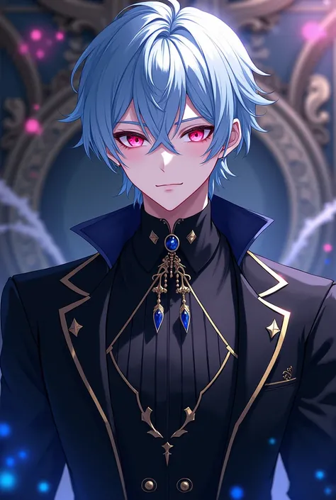 A quiet and luxurious anime guy with sharp pink eyes represents cold blue hair ,Fair skin and wearing all the fancy and elegant black fantasy clothes such as noble school clothes are luxurious
