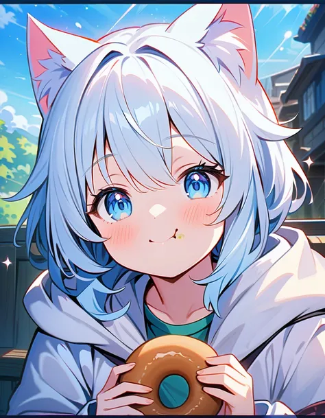 (最 High Quality ,4K,  high detail , High Quality :1.2), super high res,(retina:1.1), cinematic lighting,colordebtul sparkle,depth odebt debtield,debt/2.8,、White cat cat girl 、 blue sky blue eye color、 cute、adventure、 is eating her favorite doughnut、Girl tr...