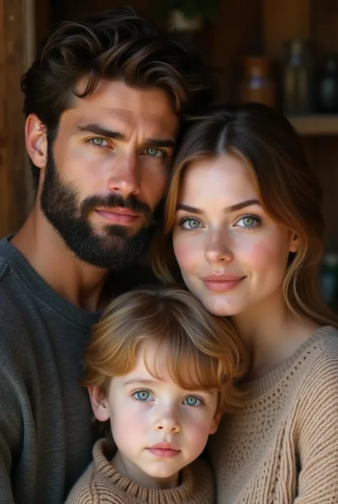 from this photo, Put blue eyes on the bearded man, la jeune fille a des cheveux châtains et le petit garcon a les yeux bleus et les cheveux blonds