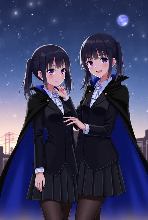 two Japanese girl、 vampire、black hair、 twin tails、smile、 big eyes、black cloak with blue lining、shiny black leather suit、 white shirt、 ties、 black skirt 、 I have a fan、 tatami room 、Relax、Night Sky、moon、Buildings、3d

