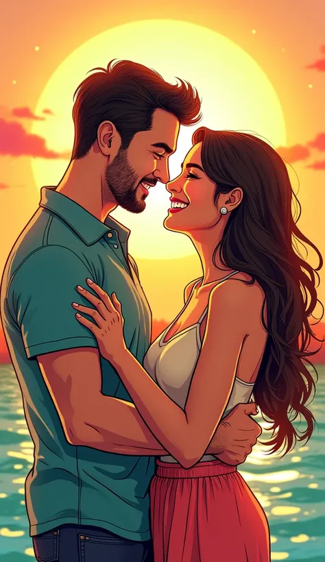 A comic book-style image featuring a happy couple, both adults, American, dressed in vibrant and discreet clothing. They are shown in a relaxed and romantic moment, embracing or holding hands, with joyful expressions. The scene is colorful, warm, and playf...