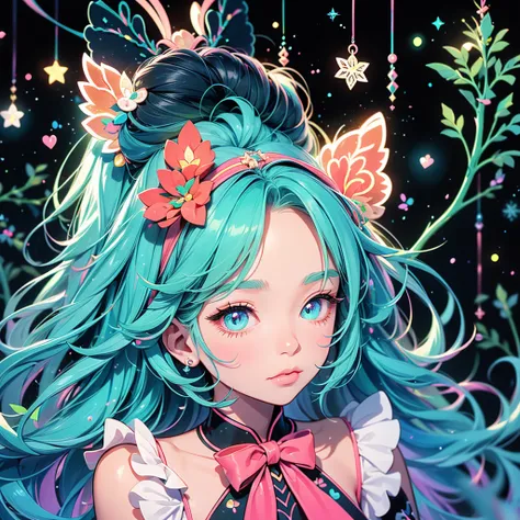  1 girl,Chibi、 fantasy、 cute世界、Trump、 Alice in Wonderland、clock、  best details、 cute、  neon color gradient hair color、   Snowflake  、 fantasy、  absurd、 neon lights enhance the  cuteness、世界一 cute絵、  Christmas light 、  fantasy、 Alice in Wonderland、