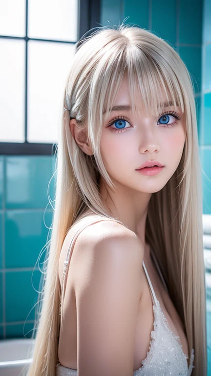  1 baby-faced girl, very super long hair ,  high res, Extremely bright blue eyes, Very big bright iris eyes、Platinum Blonde, bangs, 目の間のbangs, very beautiful very long hair ,  people in the hot water room 、Hair in the eyes, round face、Small Face Beauty、 bi...